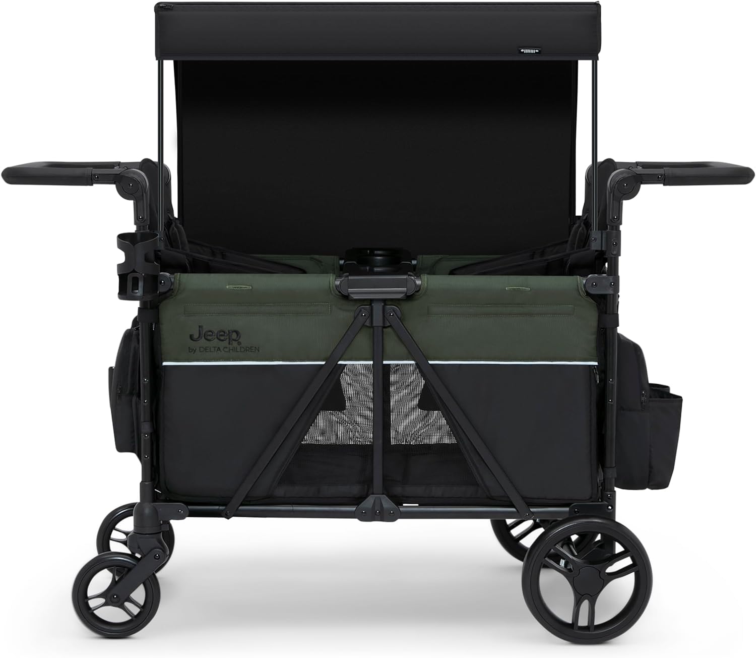 Jeep Aries Stroller Wagon by Delta Children Premium Wagon for 2 Kids with Convertible Seats, Adjustable Push/Pull Handles, Removable Canopy & Flat Fold - Greenguard Gold Certified, Black/Green