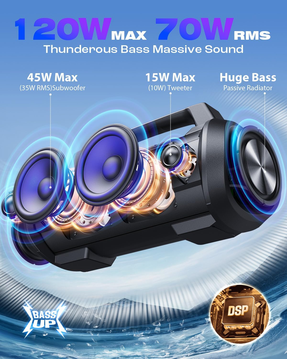 W-KING 120W Peak 70W Speakers Bluetooth Wireless, IPX6 Waterproof Bluetooth Speaker/Subwoofer/42H/DSP/EQ/Stereo Pair/RGB/Powerbank/MIC in/TF, Loud Outdoor Portable Speaker Large Boombox for Party/Pool
