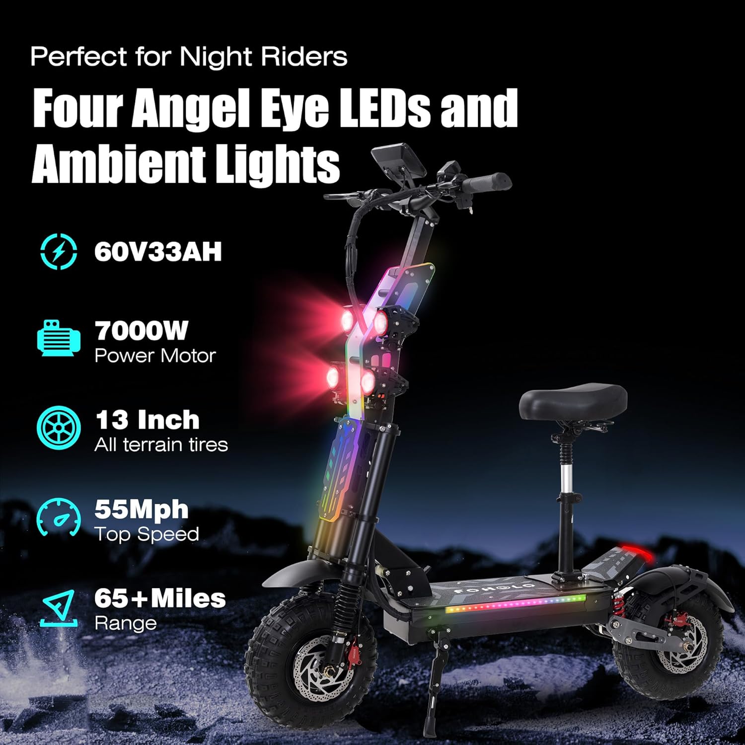 Electric Scooter Adult 7000W Brushless Motor Up to 55 MPH, 60V 33Ah Li-Ion Battery Range 65+ Miles, 13 