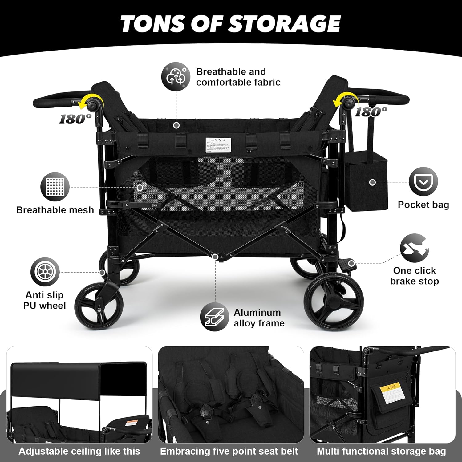 VOOI Stroller Wagon 4 Seater, Wagon for Kids, Collapsible W4 Stroller with Seats with 5-Point Harnesses, Easy Access Zipper Door, and Removable Sun Canopy (Black, W4-Large)