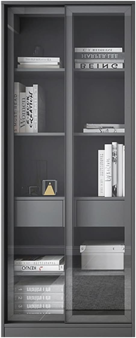 HIHELO Book Case Floor-to-Ceiling Bookcase Glass Moving Door Study Living Room Bedroom Sliding Door Bookcase Bookshelf Bookshelves (Color : Brass, Size : CH)