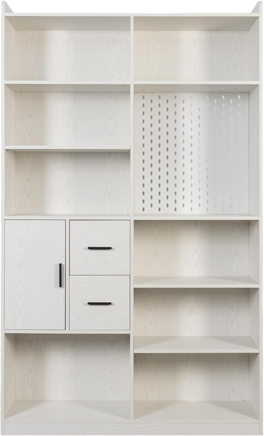 AMNOOI Modern 9-Shelf Bookcase with Pegboard & 3 Extra-Deep Drawers - Wide Wood Shelving Unit for Living Room Organization & Decor Display - Durable Melamine Finish