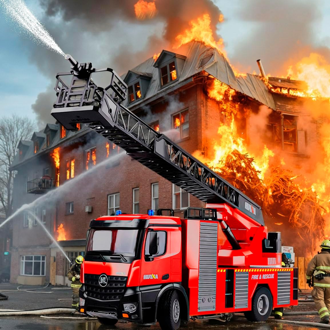 Ailejia RC Fire Engine Truck Toy with Lights, 2.4G Fire Truck Toy Remote Control Siren Sound,Working Water Spray and Rotating Rescue Ladder Best Gift Toy for Boys Girls