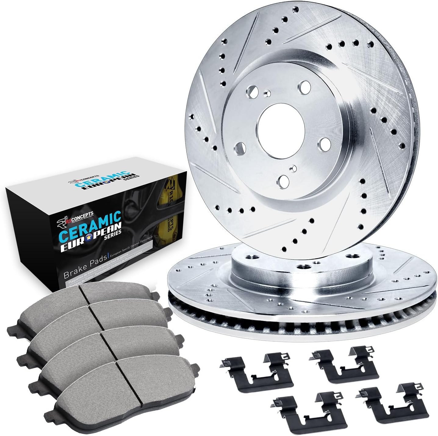 R1 Concepts Front Brake Kit For 2015-2022 Lexus RC F; 2016-2020 Lexus GS| Drilled Slotted Brake Rotors| Euro Ceramic Brake Pads and Rotors Kit|Hardware included