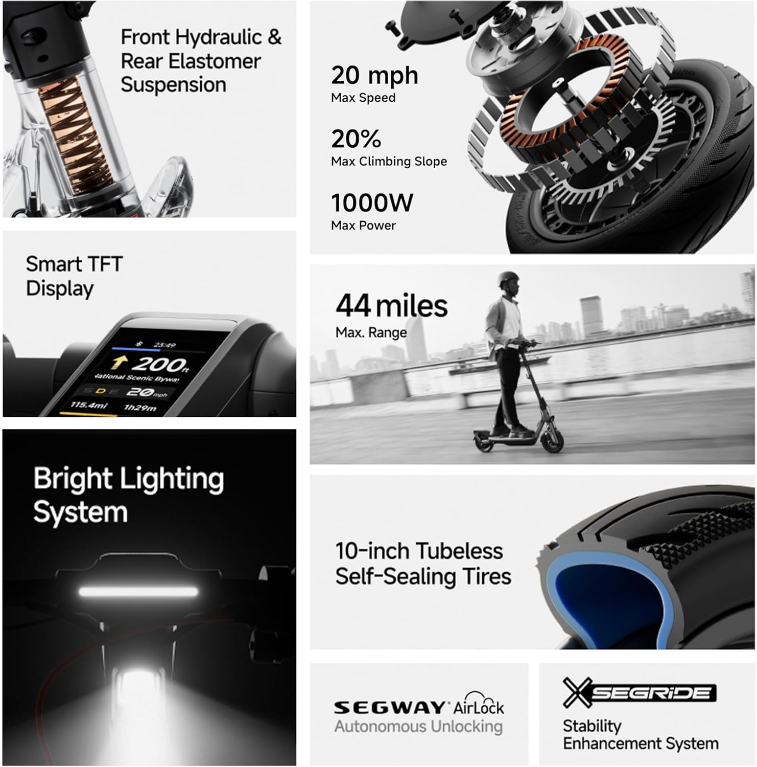 Segway Ninebot F3 Electric Scooter, Up to 20 MPH, 44-Mile Range, Self-Sealing Tubeless Tires, Front Hydraulic & Rear Elastomer Suspension, UL2271 2272 Certified
