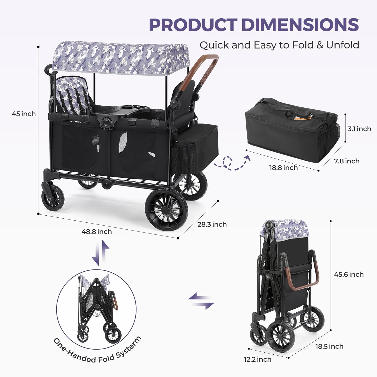 ELEMARA Wagon Stroller 4 Seater, Premium Stroller Wagon for 4 Kids, Foldable All-Terrain Wagon for Kids with Canopy, Adjustable Push/Pull Handles,Convertible High Seat&Organizer, Black+Purple