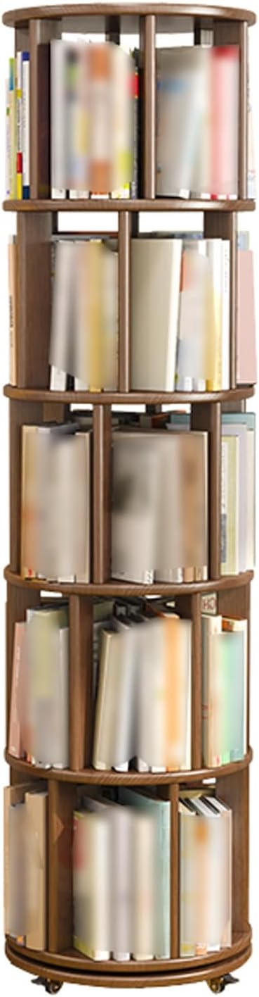 Rotating Bookshelf Tower with Rollers, Wooden Display Spinning Bookshelf Tower ,360° Revolving Bookcase Floor Standing Bookshelve Storage Rack for Bedroom, Living Room, Study Room.(2/3/4/5 tier)(Walnu