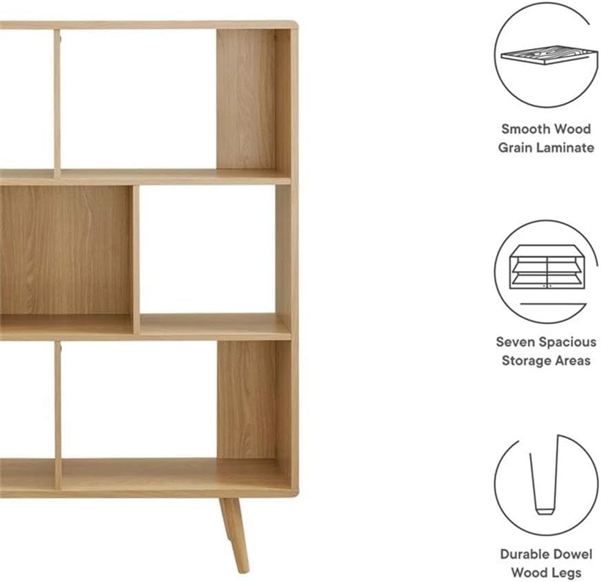 Pemberly Row 7-Shelf Wood Bookcase with Splayed Dowel Legs in Oak