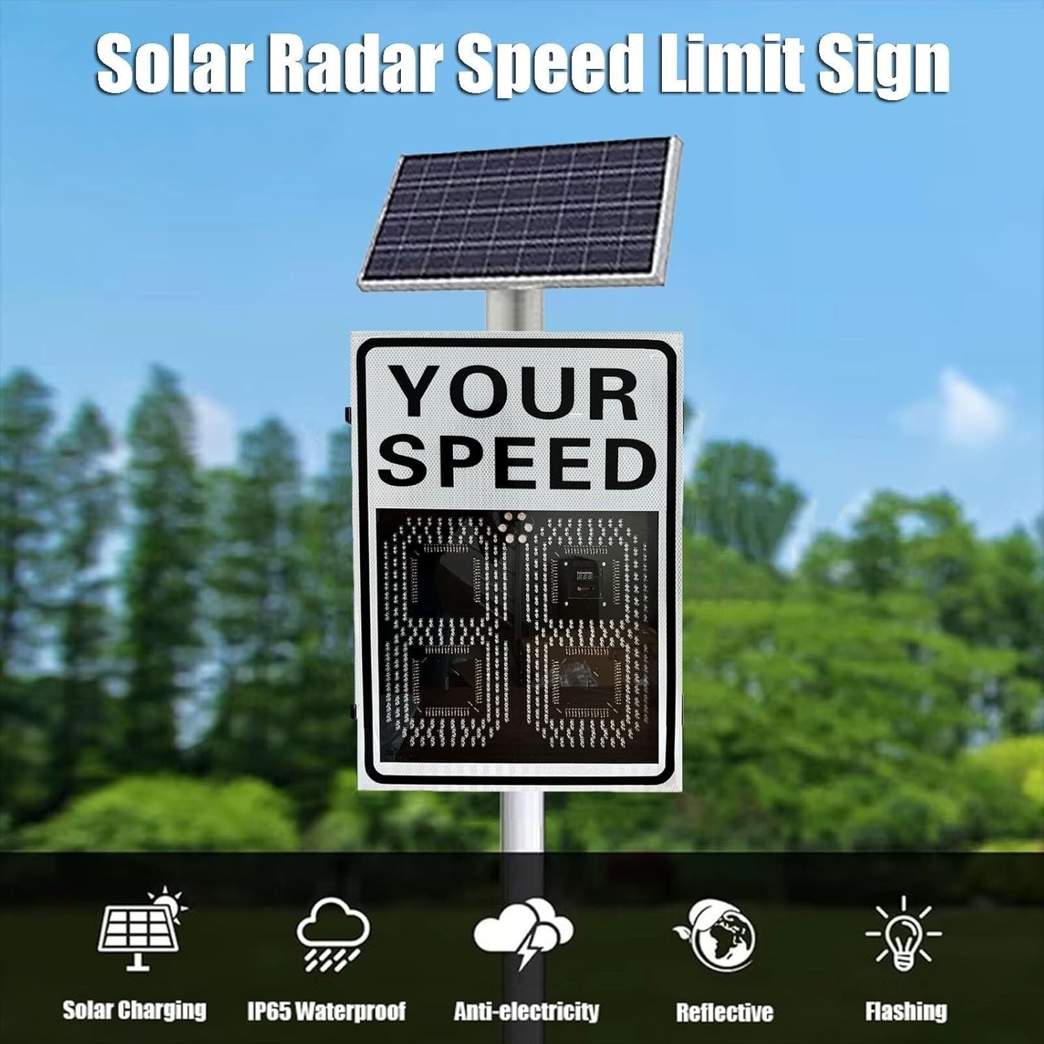 Road Warning Radar Speed Gun LED Flashing Traffic Sign Set, 20''X27'' Solar Radar Speed Limit Sign for Highways, Roads, Streets
