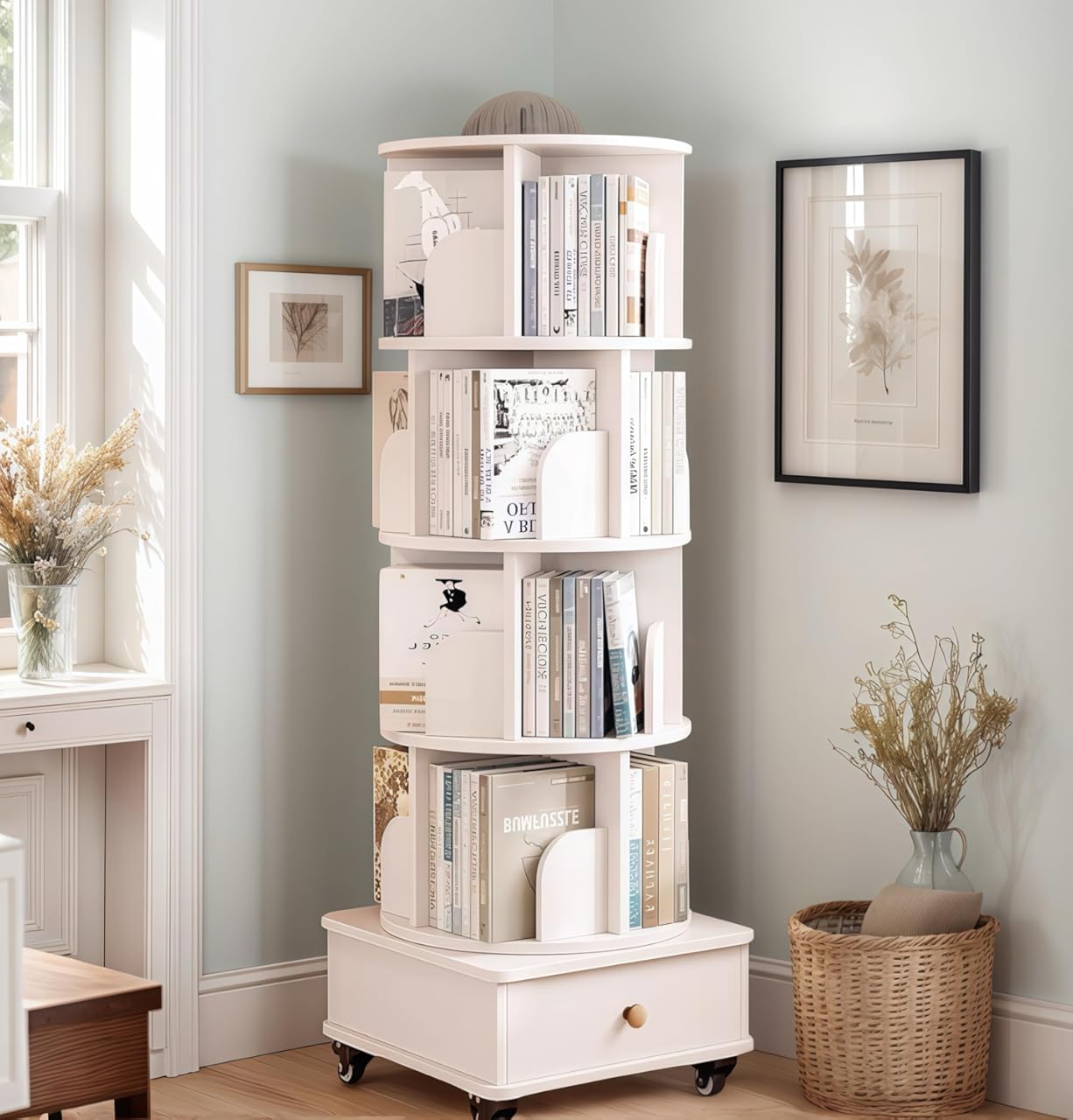 Contemporary White Rotating Bookshelf with Drawer - 360° Display 5-Tier Corner Bookcase for Space Efficiency | Quality MDF Storage for Bedroom & Living Room Use