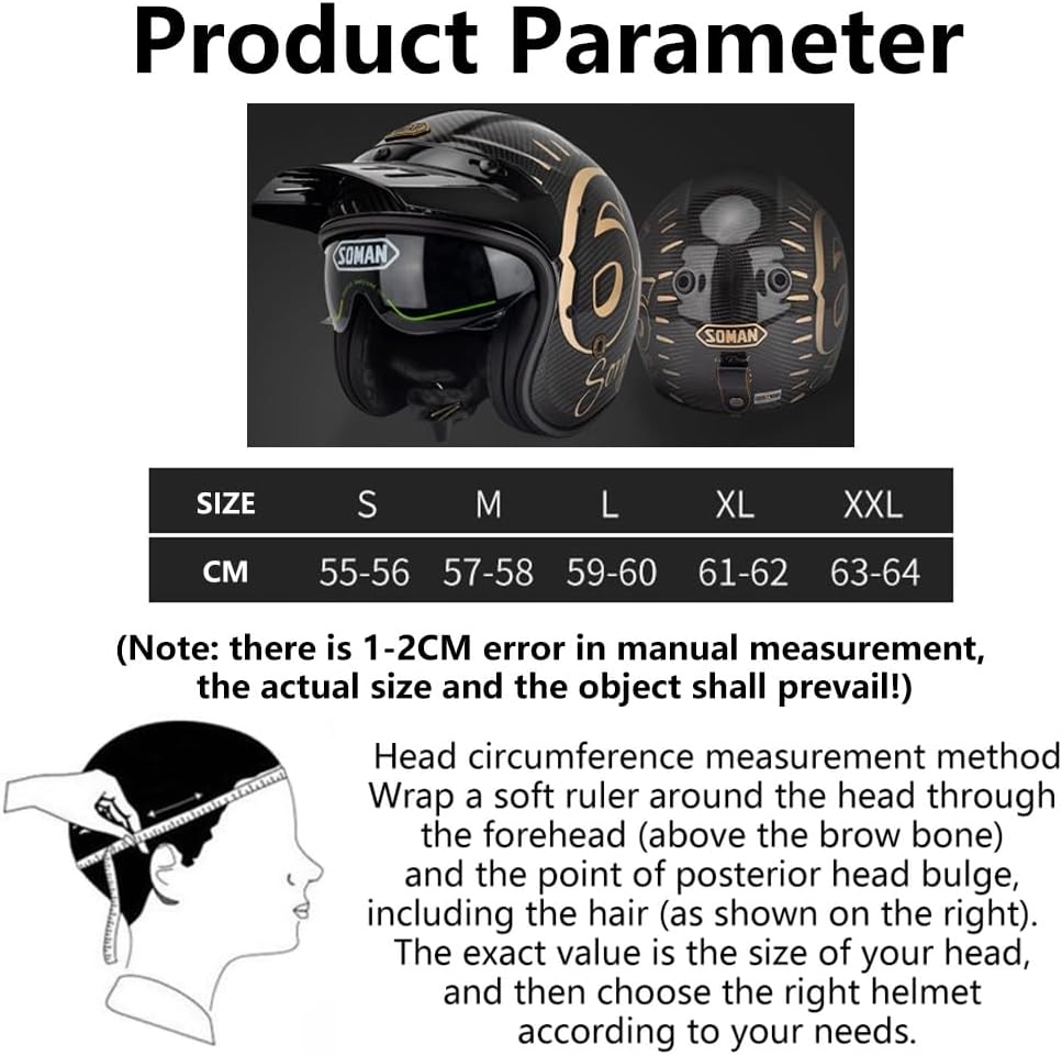 3/4 Motorcycle Open Face Adults Half Helmet, Retro Carbon Fiber Moped Cruiser DOT Approved Four Seasons Helmet, Men and Women Vintage Fashion Chopper Scooter Touring Half Face Helmet