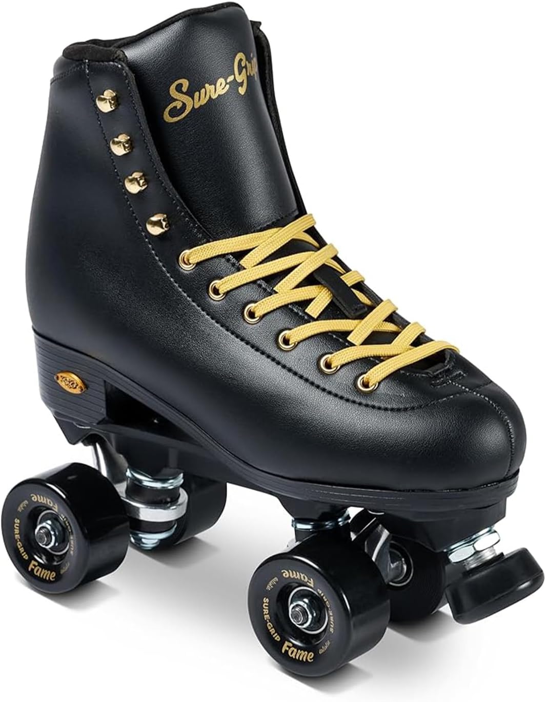 Sure-Grip Fame Black & Gold Unisex Indoor Roller Skates - Vegan Boot with Microfiber Lining - Offers Rock Nylon Plate & Aluminum Trucks - Matching 57mm Fame Black Indoor Wheels - Ideal for Beginners