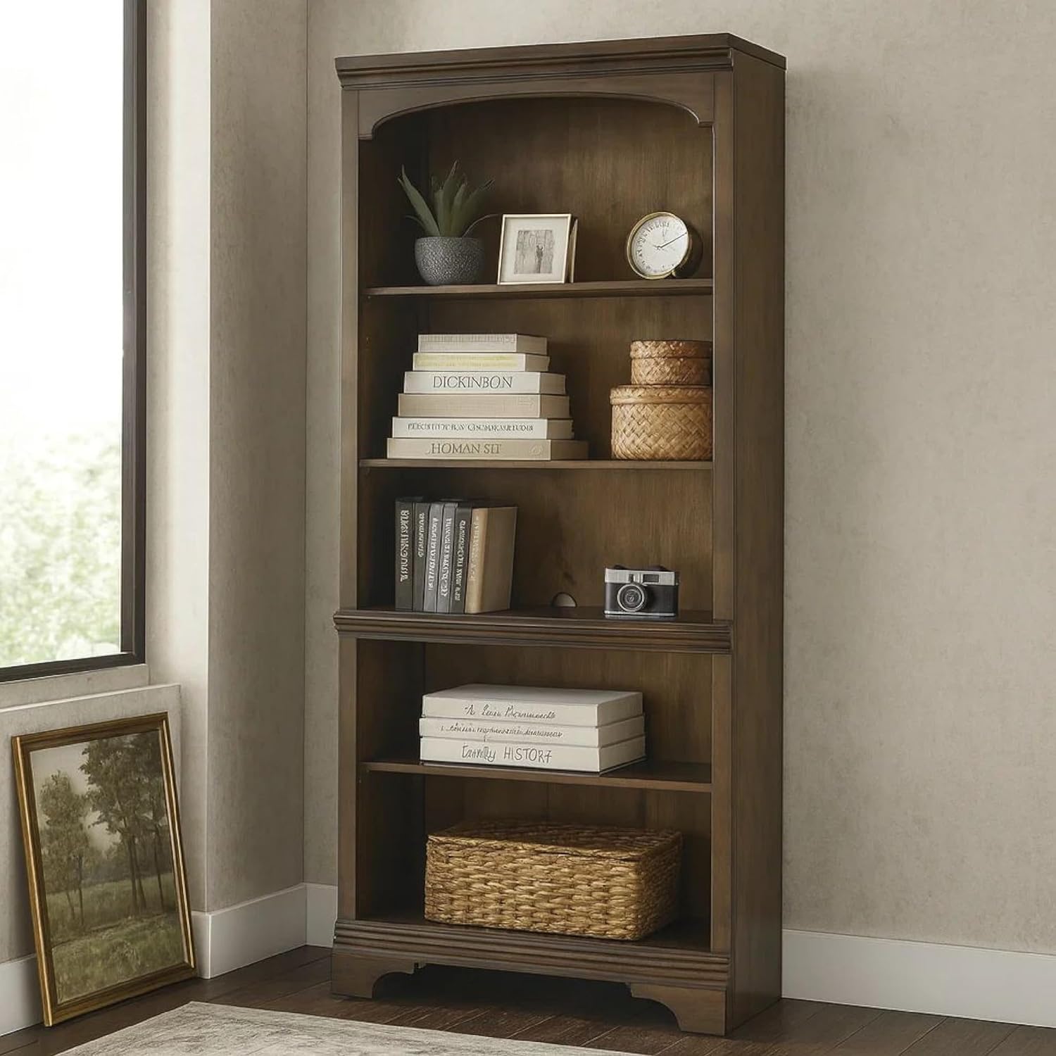 Benjara BM280385 78 in. Tia 5 Tier Rubberwood Bookcase with 3 Adjustable Shelves Oak Brown