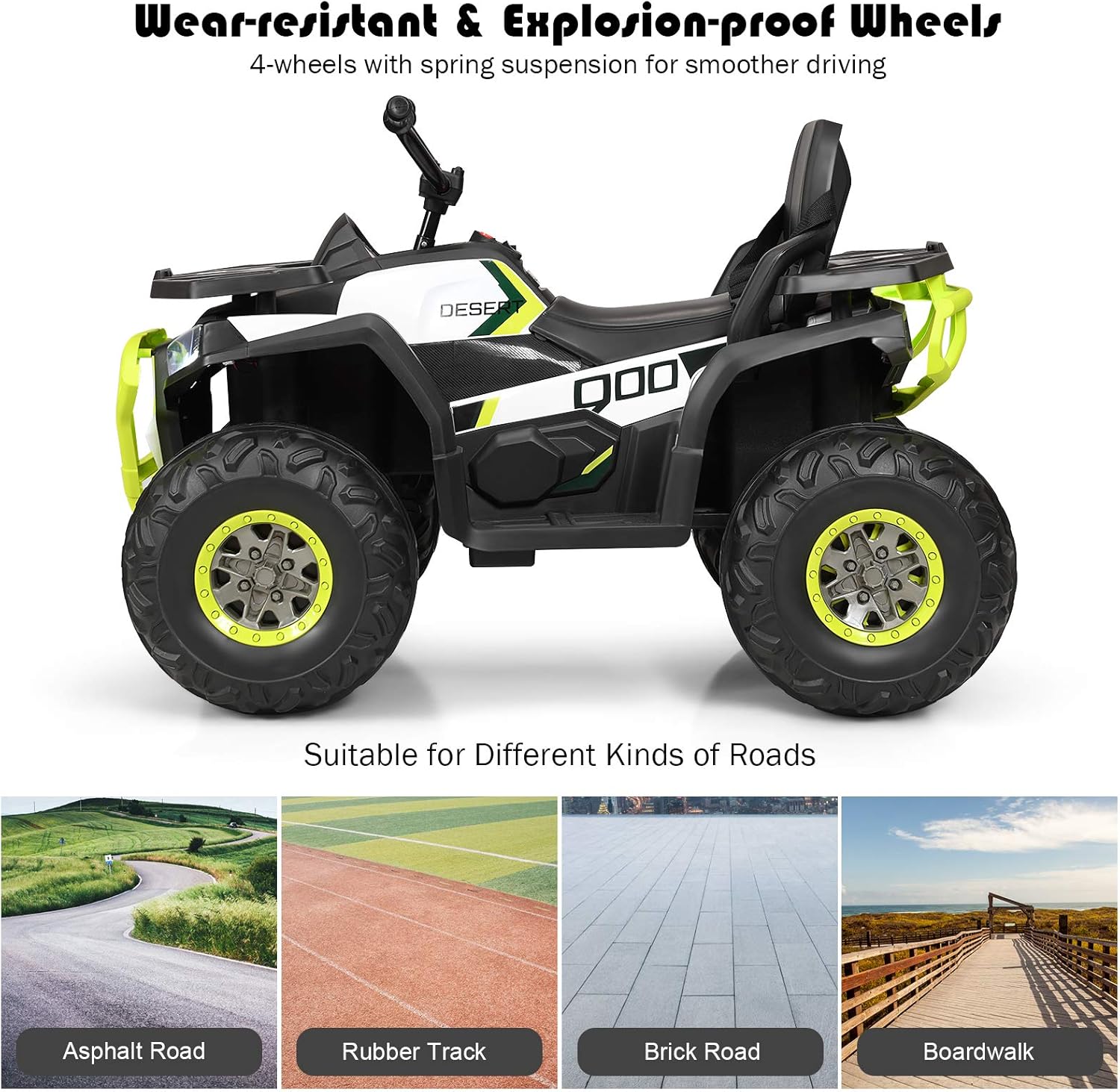 Costzon Kids ATV, 12V Battery Powered Electric Vehicle w/Safety Belt, LED Light, Music, Horn, 2 Speeds, USB/ MP3/TF, Treaded Tires, Ride on Car 4 Wheeler Quad for Boy & Girl Gift, Ride on ATV, Green