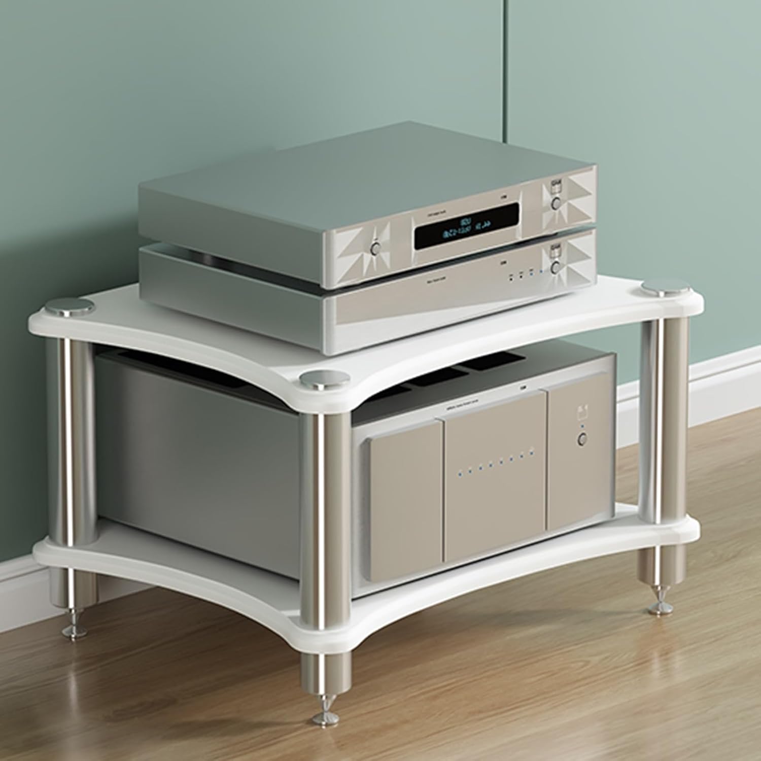 Speaker Mount 2-Tier AV Media Stand AV Receiver Audio Component Stand Entertainment Video Game Console Cabinet Shelf Hifi Rack Audio Component Cabinet for Meeting Living Recording Room(Light white