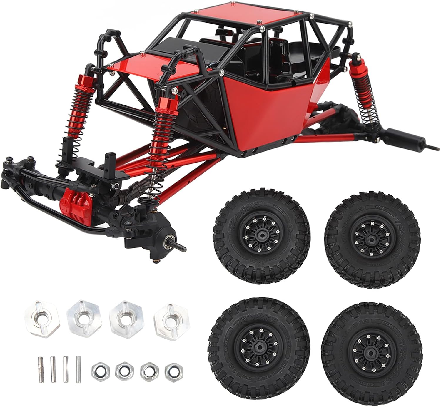 310mm RC Rock Climber Chassis for Axial SCX10 90046, 1/10 Scale Alloy Drive Shaft Crawler Chassis with 4 Shock Absorbers 1.9 Wheels (Red Black, 14.57 Frame)