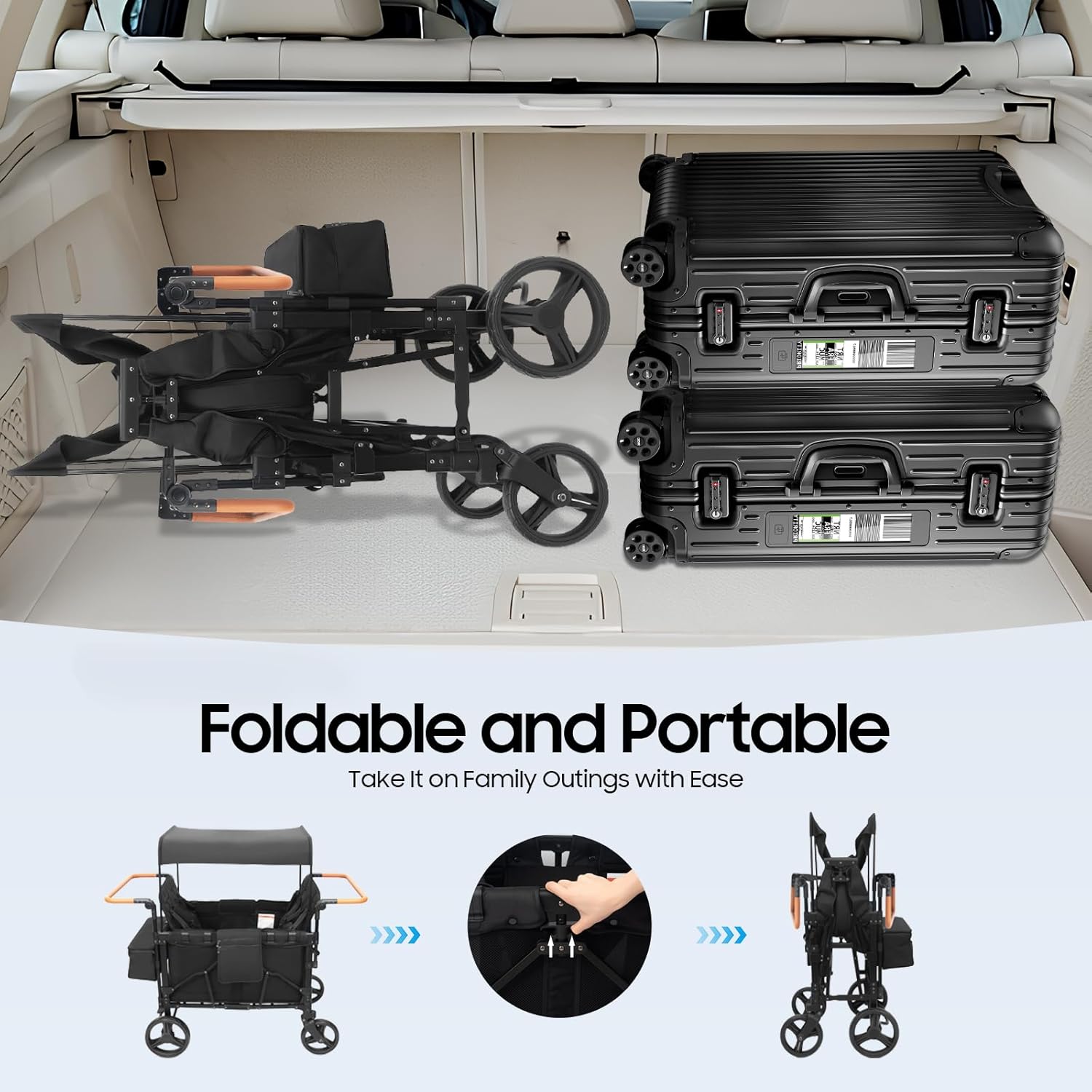 4 Seater Wagon Stroller, Foldable 4 Seats Outdoor Stroller Wagon with Removable Canopy, 5-Point Safety Harness and Adjustable Handlebars