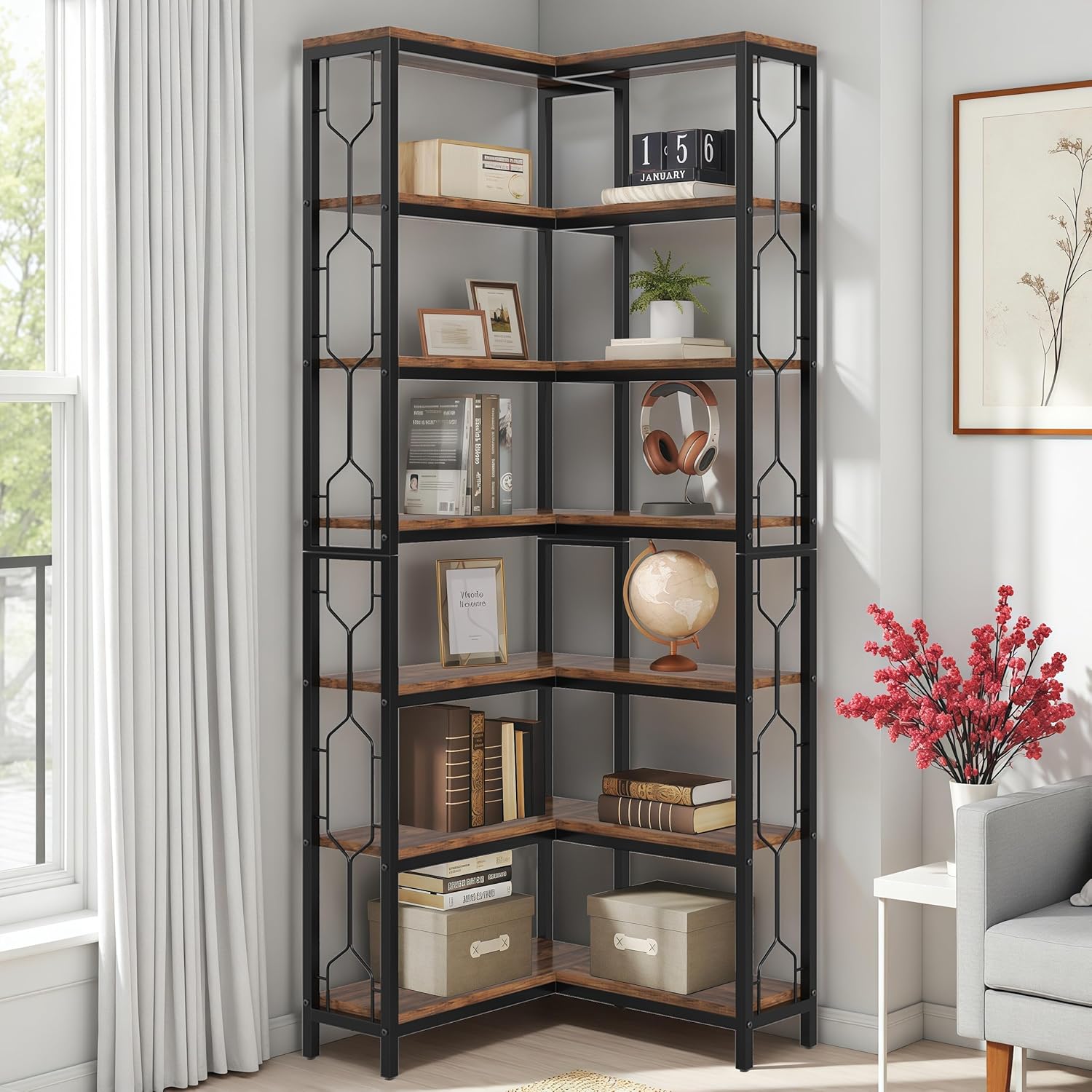 Oigavfd 7-Tier Corner Bookshelf Industrial Metal and Wood Bookshelf with Adjustable Feet Space-Saving Design Etagere Bookcase for Living Room, Kitchen, Home Office, Brown