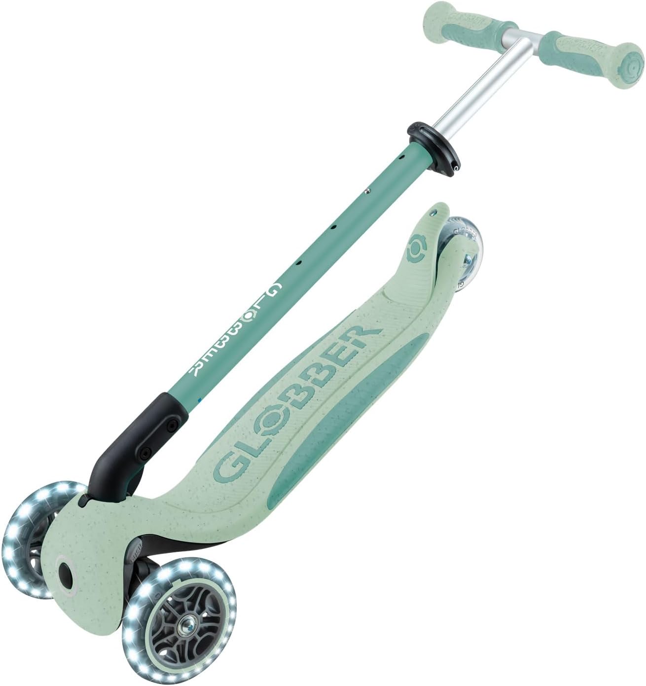Globber - GO•UP Deluxe Lights ECO 360-3-Wheel Scooter with 360° Rotatable Seat, Footrest, LED and Durable Materials, 15 Months to 6 Years - Pistachio Green