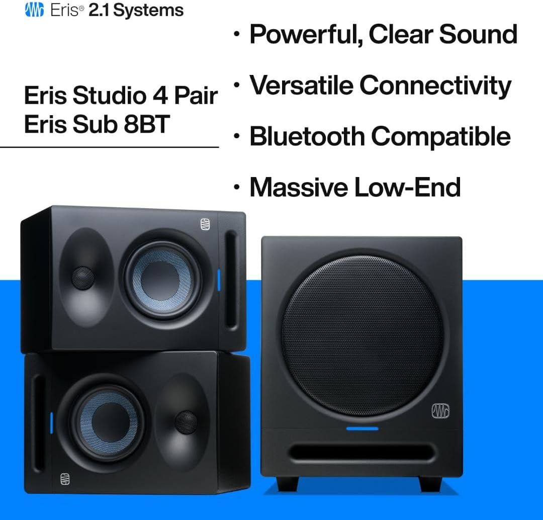 PreSonus Eris 2.1 Bluetooth Speaker System with Subwoofer — Eris Studio 4 Studio Monitor Pair & Eris Sub 8 BT for Full Range Audio, Near Field Music Production, Desktop Computer, Hi-Fi Home Audio