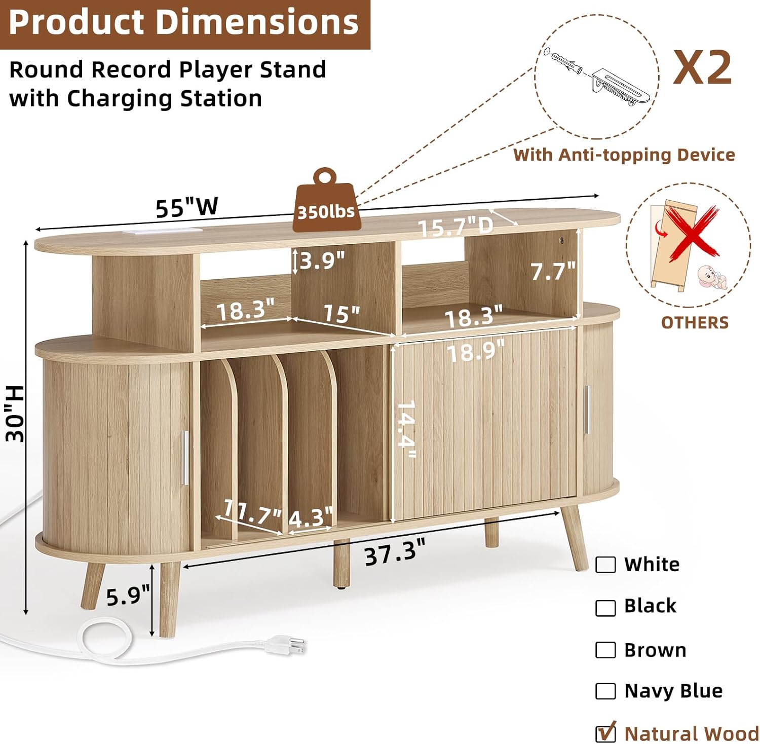 LELELINKY Large Round Record Player Stand with Charging Station & Fluted Panel