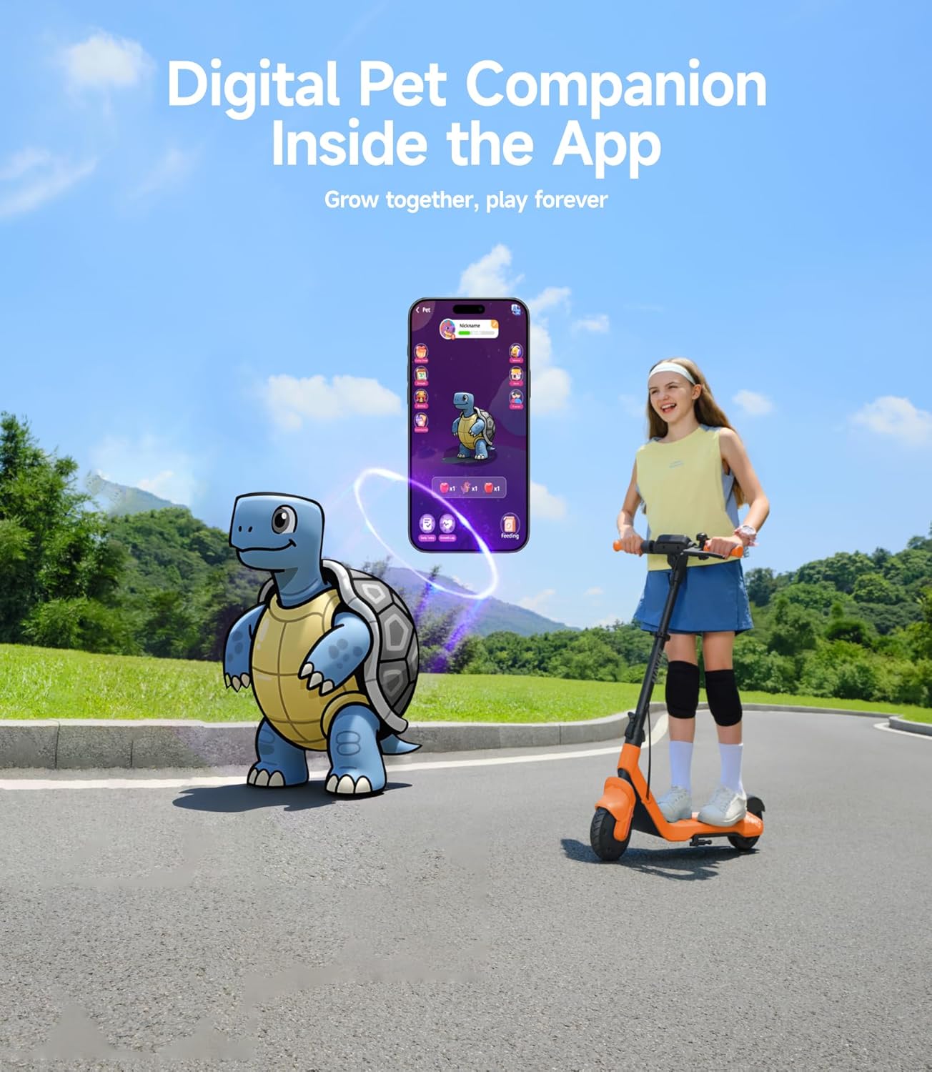 NAVEE K100 Series Electric Scooter for Kids 5-11, Adjustable Handlebar/Speed, Digital Pet, 12.4/9.9/7.5 mph, Safe Brake, Foldable, RGB Lights, Smart APP, Growing Adventurer Gift for Boys Girls, UL2272