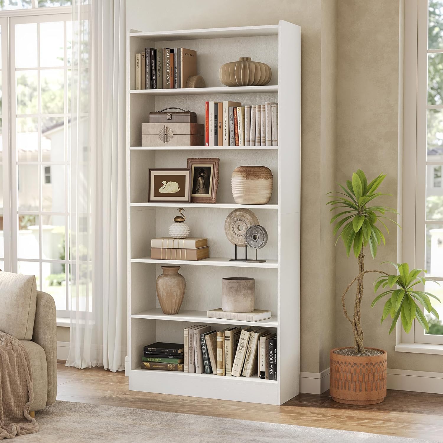 LITTLE TREE 72-Inch Tall Bookcase, 7-Tier White Wooden Large Bookshelf, Wide Bookcase Bookshelves, Freestanding Modern Display Shelving Unit for Living Room, Bedroom, Office