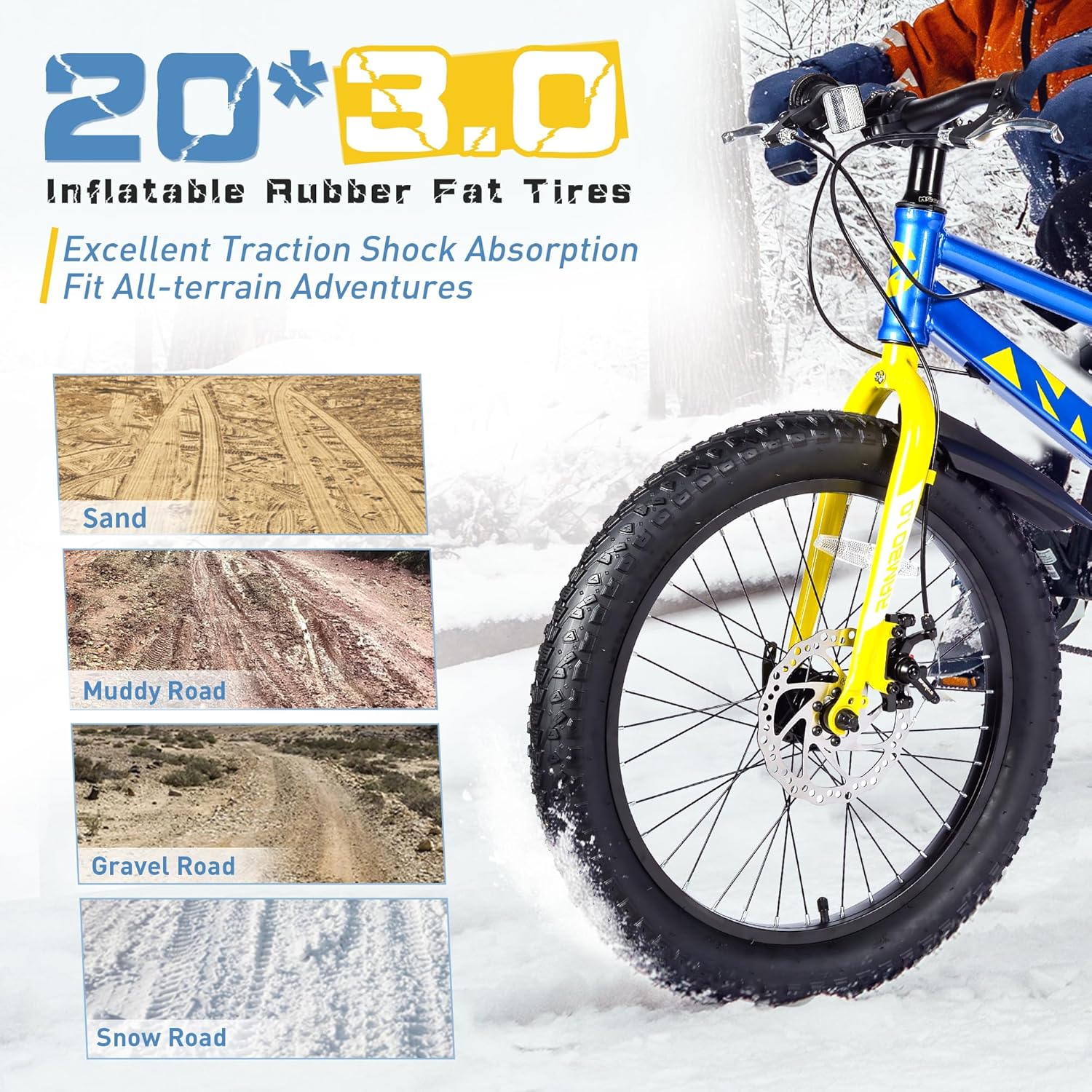 20 Inch Kids Mountain Bike Boys Girls Age 5+ Years Fat Tire Bicycle Shimano 7-Speed Dual Disc Brakes All-Terrain Beach Snow Ride,Blue