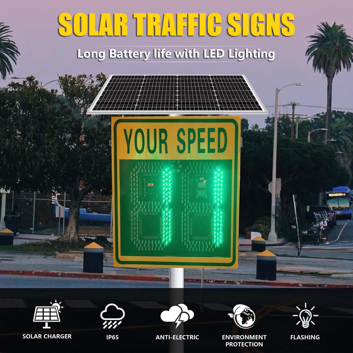 High-Visibility Solar Radar Speed Limit Sign, LED Traffic Warning Display, Durable Aluminum Alloy, 660 Bright LEDs, 1000m Visibility, 4-Lane Speed Measurement, 600x900mm