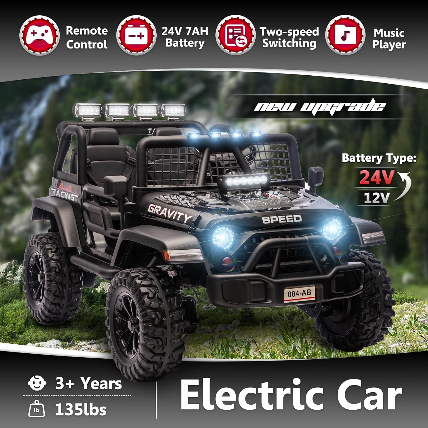 Sopbost 24V 7Ah 2 Seater Ride On Truck Ride On Toy for Big Kids Ride On Car with Remote Control Off-Road Electric Car with Shock Absorber, LED Lights, Bluetooth Music Player, EVA Tires, Black