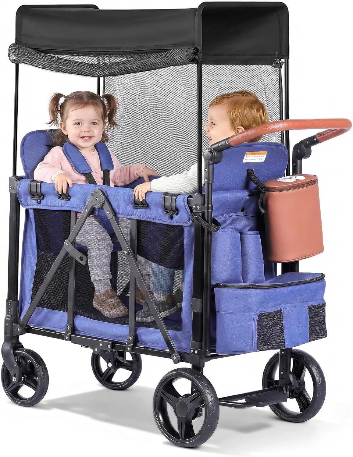 Wagon Stroller for 2 Kids with Insulated Snack Pack Foldable All-Terrain Wagon, 5-Point Harness & Canopy Parent Organizer Adjustable Handle (Blue)