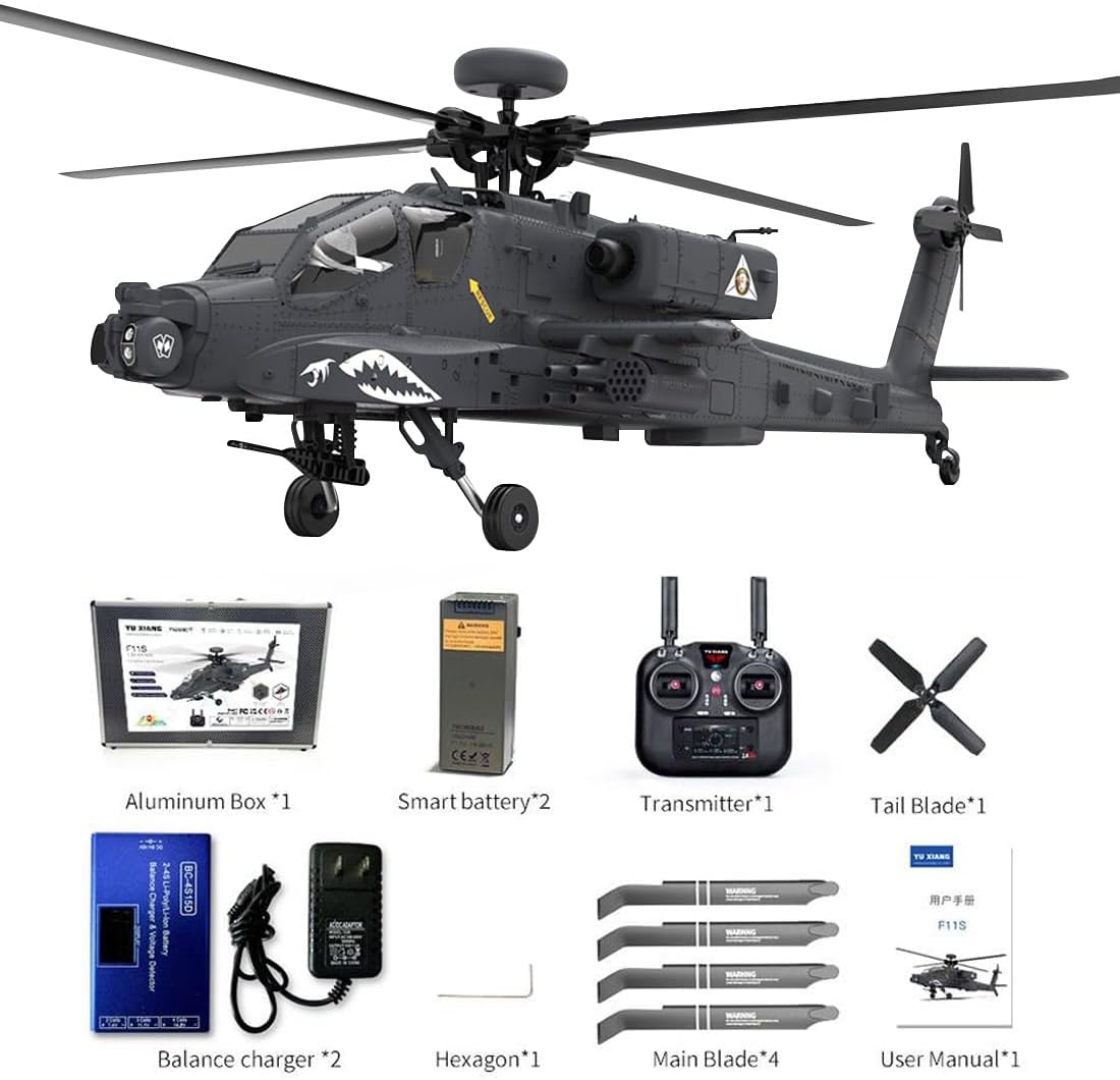 F11-S AH64 RC Helicopter for Adults, 1/32 Scale 2.4G 6CH Dual-axis Co-Drive Flybarless Stunt RC Military Helicopter with GPS Flight Control System (RTF GPS Smart Version)