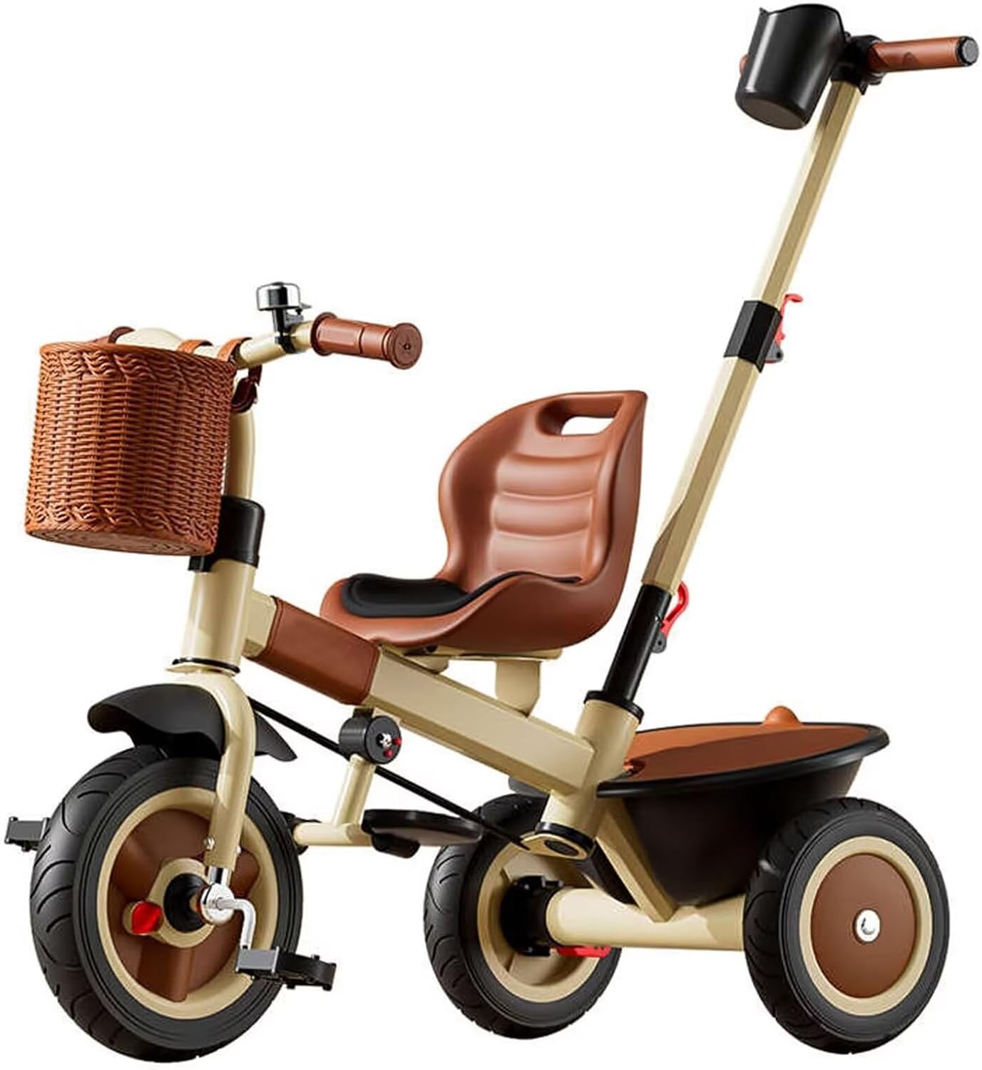 2 in 1 Toddler Strollers with Parent Push Handle,Children's Tricycle Trolley,Front Wheel Clutch,Rear Wheel Brakes,Parent Push Trike, Yellow-with pushrod