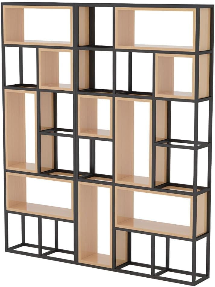 CraftThink Bookcase, Geometric Shelf Bookcase Metal Bookcase Vintage Etagere Bookcase, Tall Storage Display Staggered Shelves with Sturdy Metal Frame for Home Office, 79