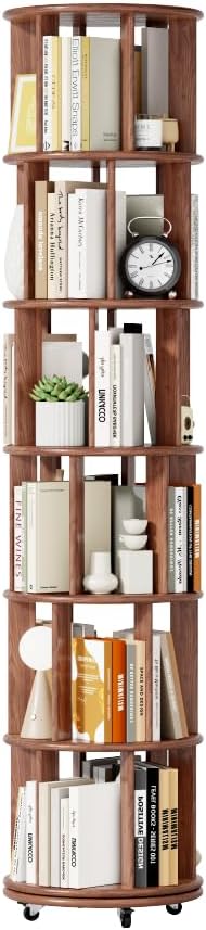 Beaunicorn Corner Bookshelf，Solid Wood Book Shelf on Wheels, 360° Rotating Bookshelf,Space-Saving Narrow Bookcase for Bedroom, Office,Corner(6Tier)