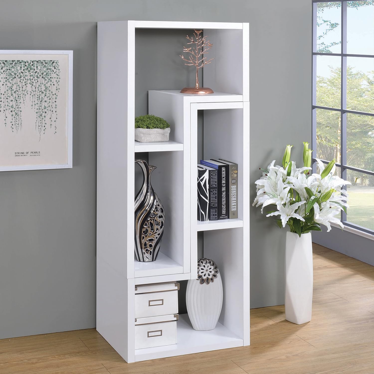 Jenvor Convertible TV Console and Bookcase White - Two-Piece L-Shape Shelving Unit, Asymmetrical Modern Design, Sturdy MDF and Particle Board, Versatile Living Room Media Stand and Bookshelf