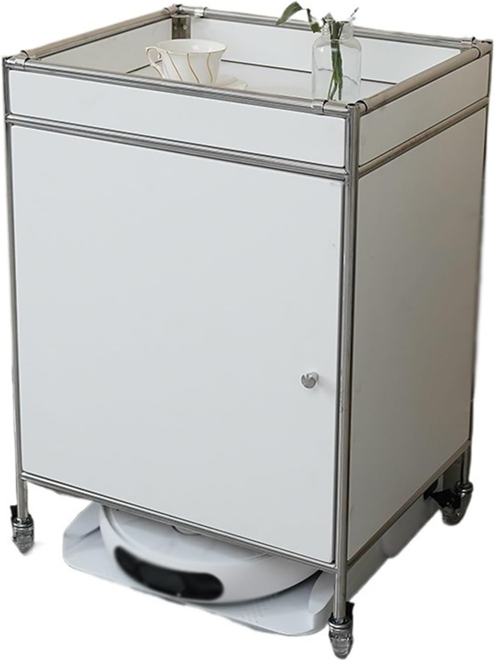 FURUIM2024M Sweeper Storage Stainless Steel Mobile Light Luxury Style Living Room Sofa Side Table Bedside Cabinet Floor Storage Cabinet(White), jinyi2016SHOP-1998