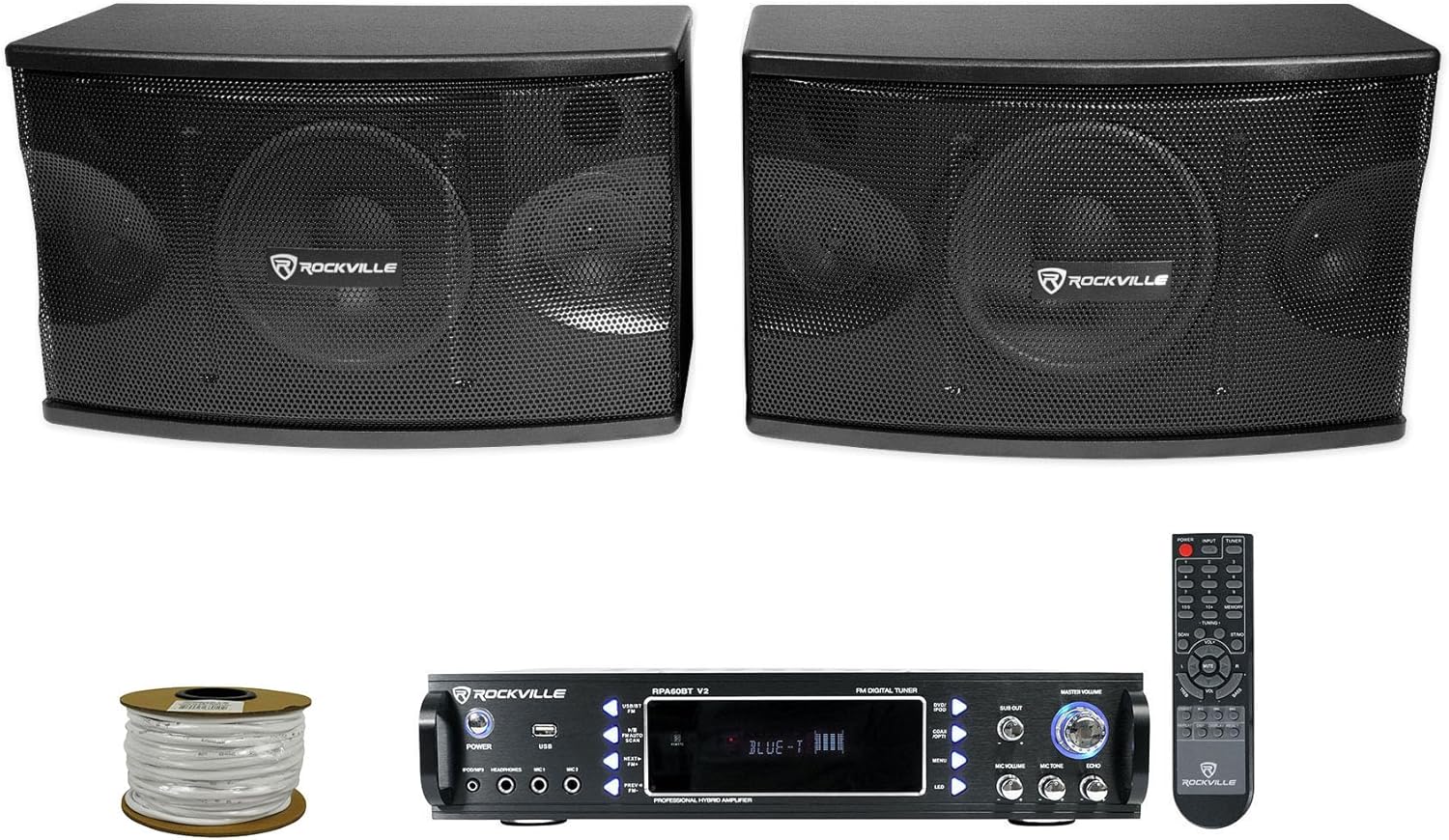 Rockville KPS80 Bundle: Pair 8-in 1600W Peak/400W RMS Karaoke Wall Speakers, RPA60BT V2 1000W 2-Channel Bluetooth Amplifier, RCC14-100-2 CL2 100ft Speaker Wire for Restaurant/Bar/Café, 3-Items