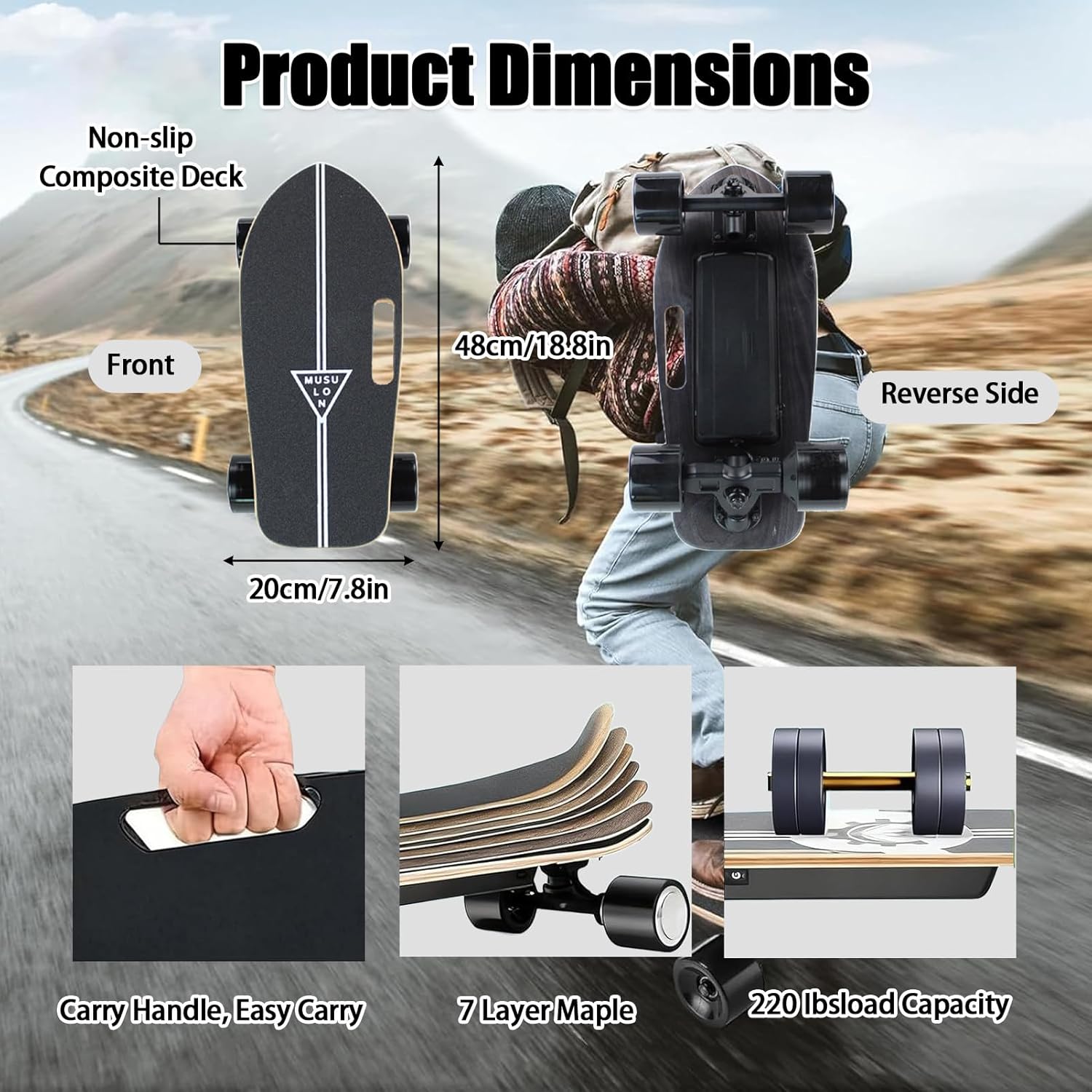 Skateboard 8km, 7-Layer Maple Deck,Smooth Braking,with Shock Absorption Wheels,Carry Handle,for Beginners,