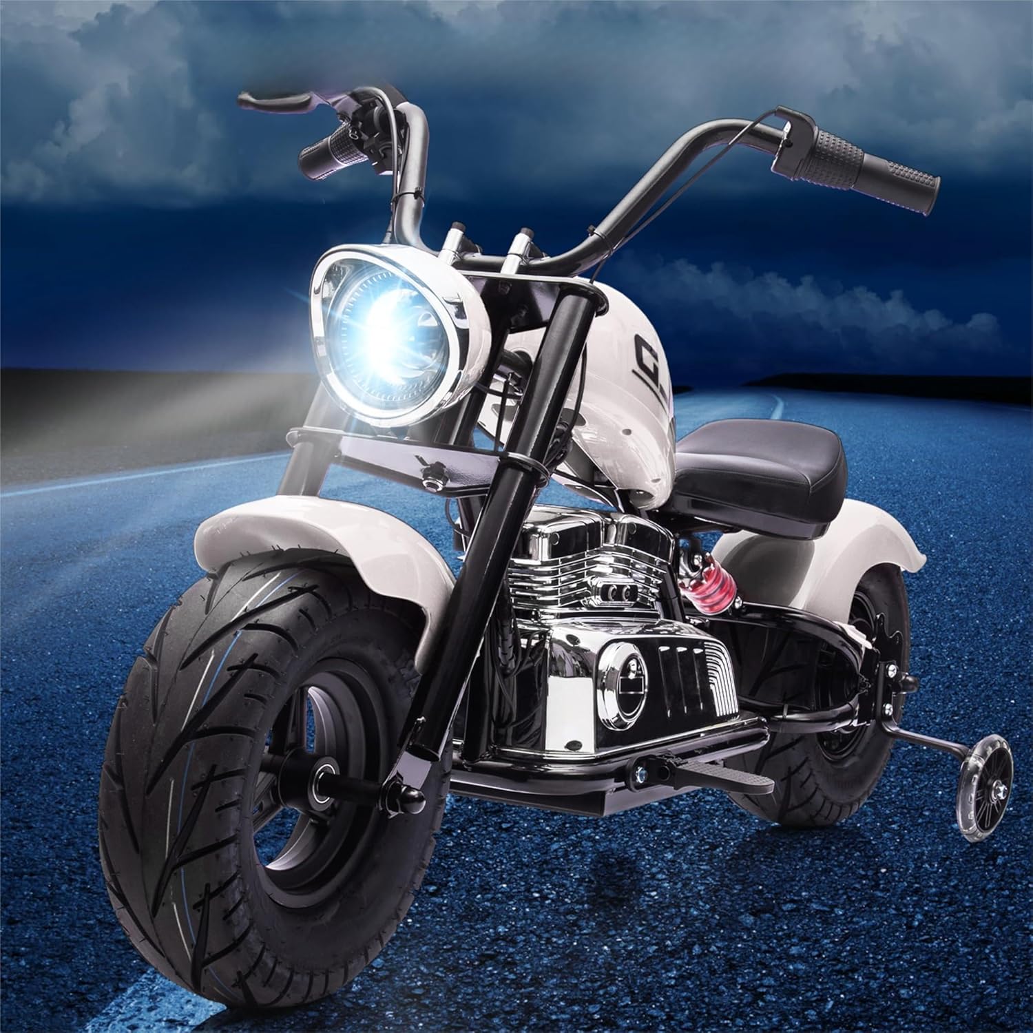 36V Electric Dirt Bike for Teens, Battery Powered Ride on Motorcycle, 350w High Torque Motorbike with 2 Training Wheels, Leather Seat, Music, LED Headlight, Speeds Up to 16.5 Mph