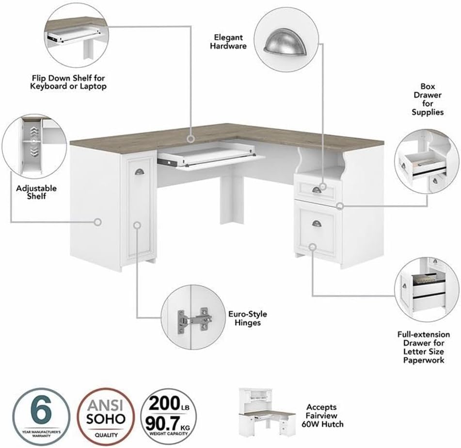 Pemberly Row L Desk with Hutch and Bookcase in White and Gray - Engineered Wood