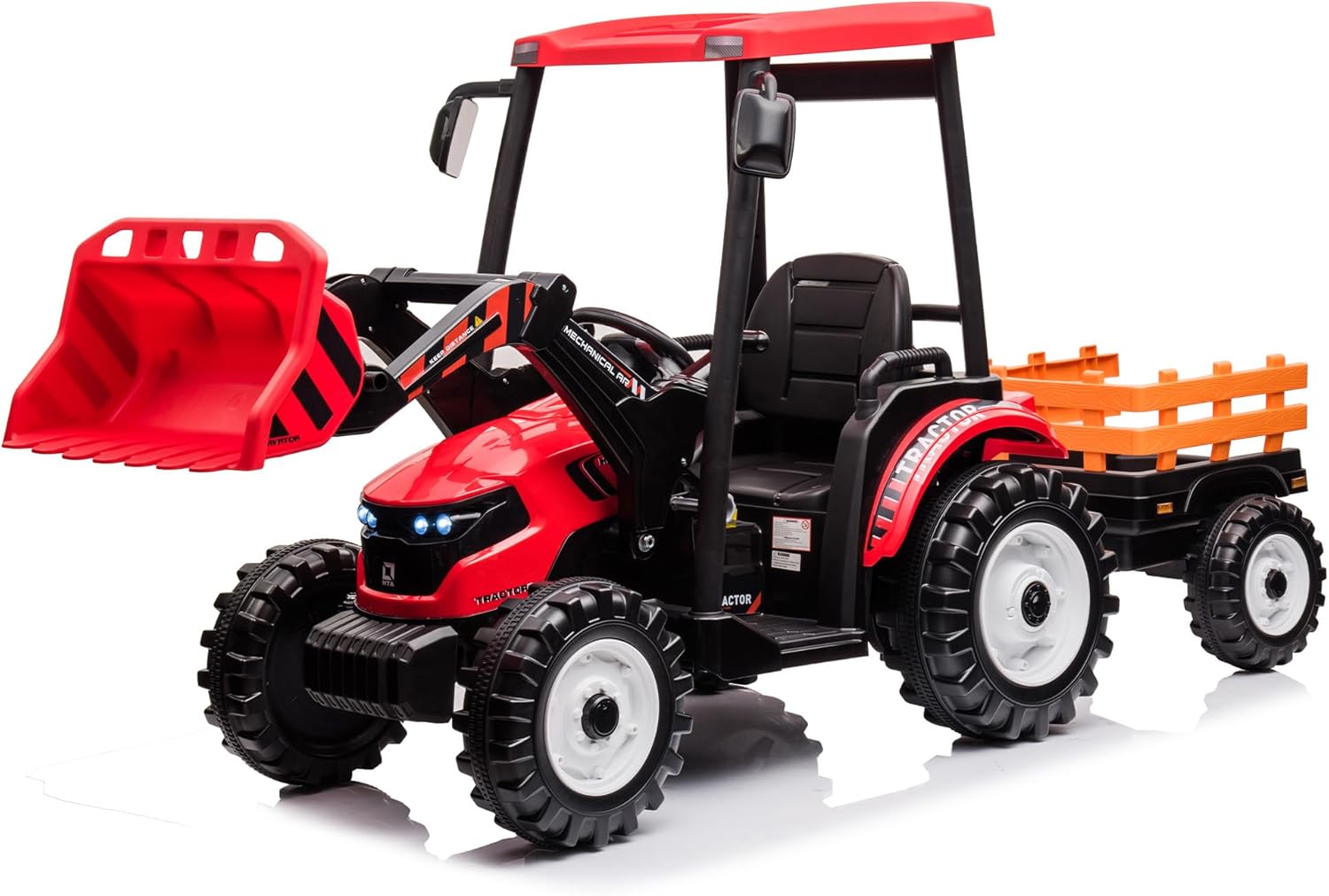 Kidsera 24V Kids Ride on Tractor with Trailer & Front Loader, 3 In1 Tractor 4-Gearbox 24volt Dual Motors Metal Frame, 24V Ride on Toys for Big Kids, Power Wheels Kids Electric Vehicles (Red)
