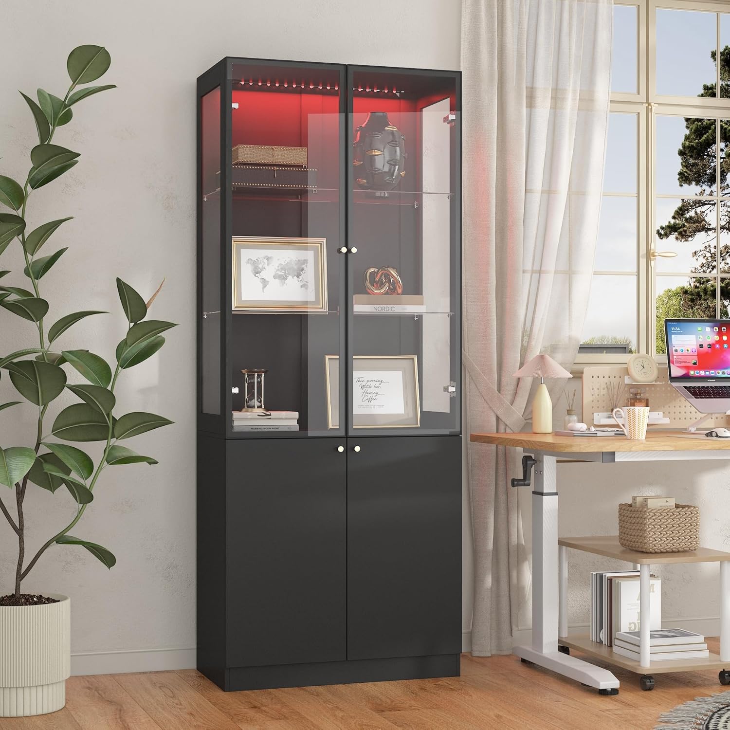 Hitow Lighted Bookcase, Tall Bookshelf with Metal-Framed Glass Doors & 5-Tier Storage, 31.5