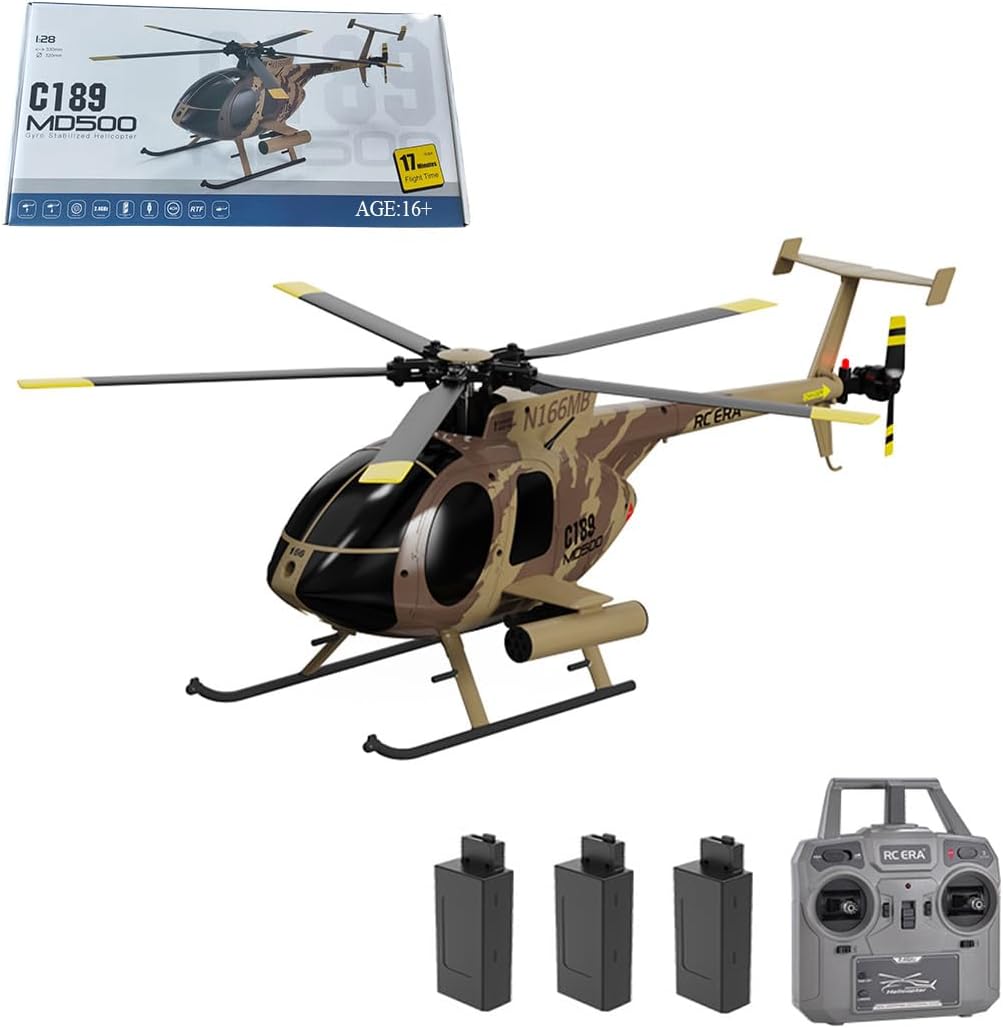 C189 MD500 Remote Control Helicopter for Adults, 1/28 Scale 4CH Single-Rotor Helicopter with 6-Axis Gyro and Brushless Motor, 2.4GHz RC Aircraft RTF with Optical Flow Localization (3 Batteries)