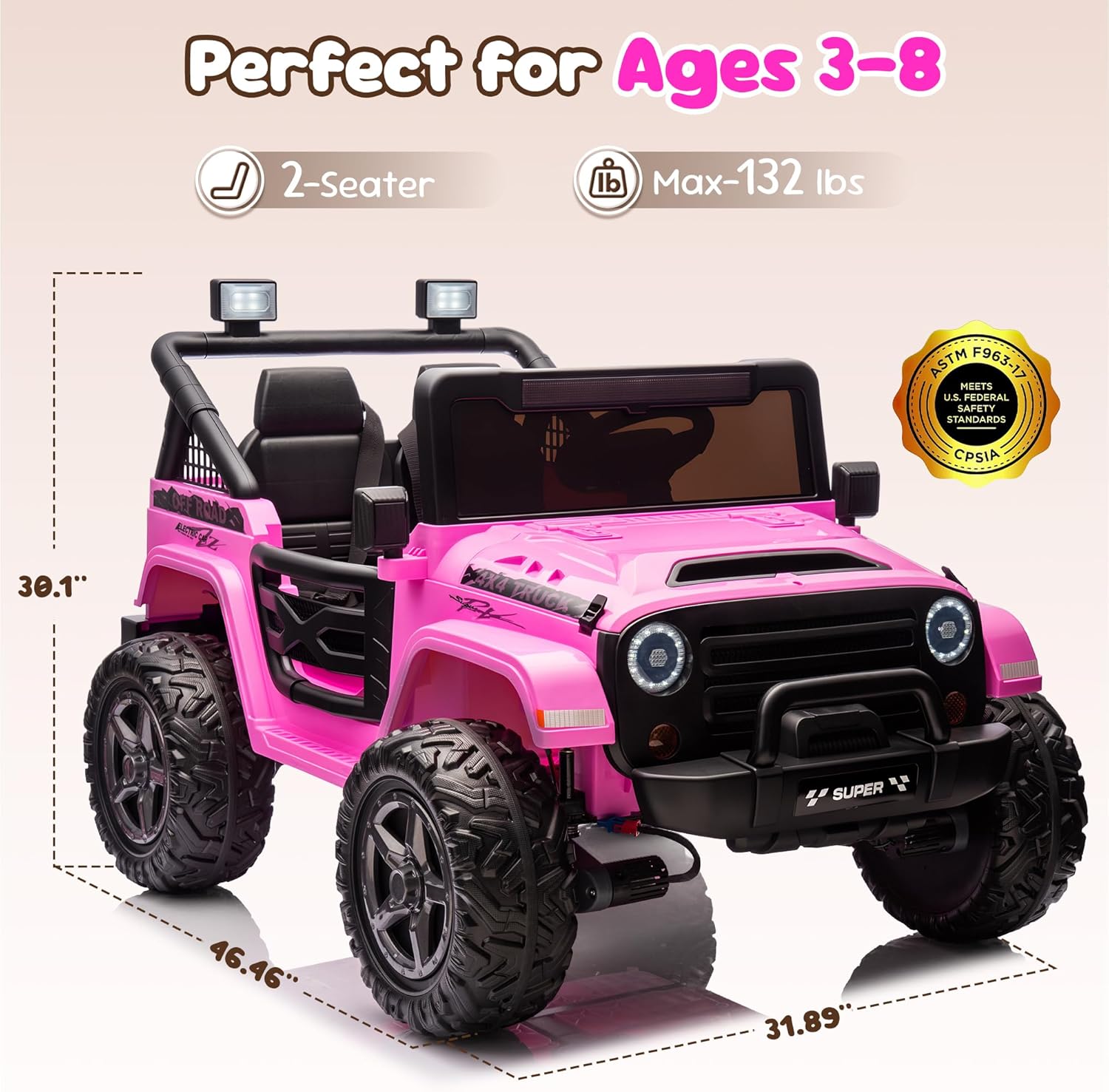 2 Seater Ride on Toy Car for Kids, 24V 4x4 Ride-on Truck Kids Electric Car w/Remote Control, 4x100W Motors - 132 lbs Load Capacity, Hot Pink