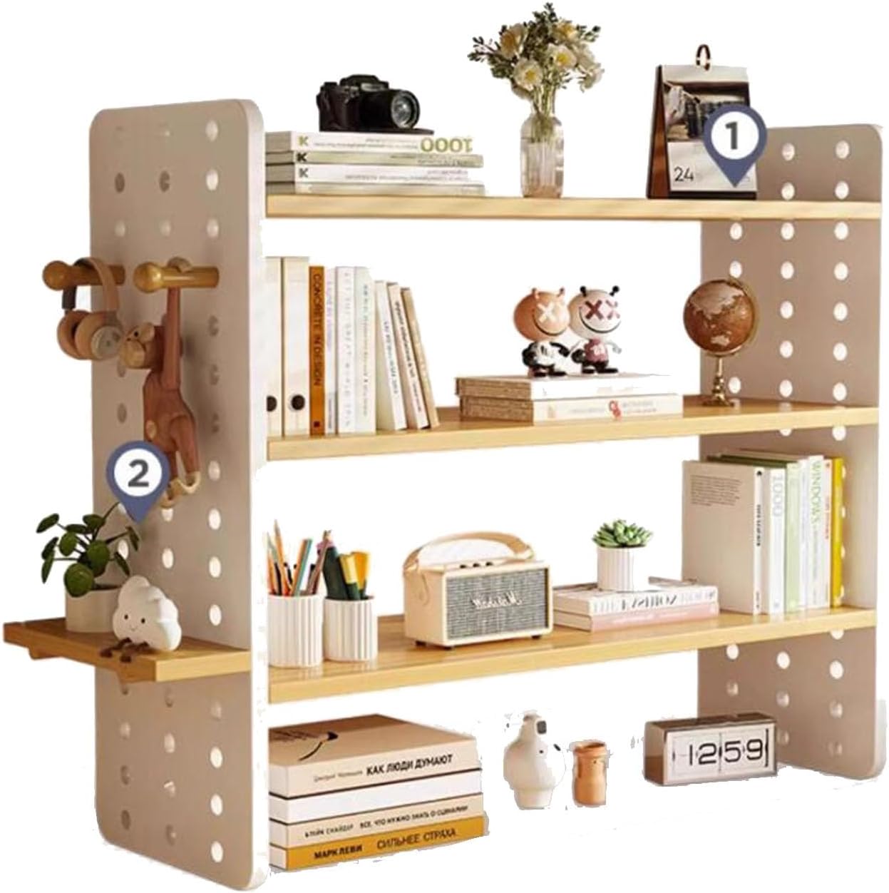 PAUANI Computer Desktop Bookcase - Desktop Bookshelf Organizer with Hole Plate, 2/3 Tier Desktop Display Shelf, Wooden Multipurpose Bookshelf, DIY Desk Organizer, for Office, Home(3 Tier,60cm)