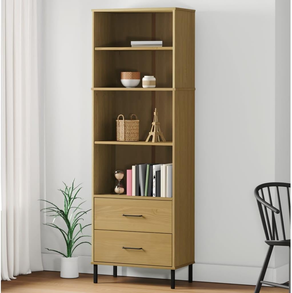 loibinfen Wooden Bookcase with Metal Legs, Floor Standing Display Storage Cabient with 2 Drawers and 4-Tier Shelves for Home Office Living Room 23.6