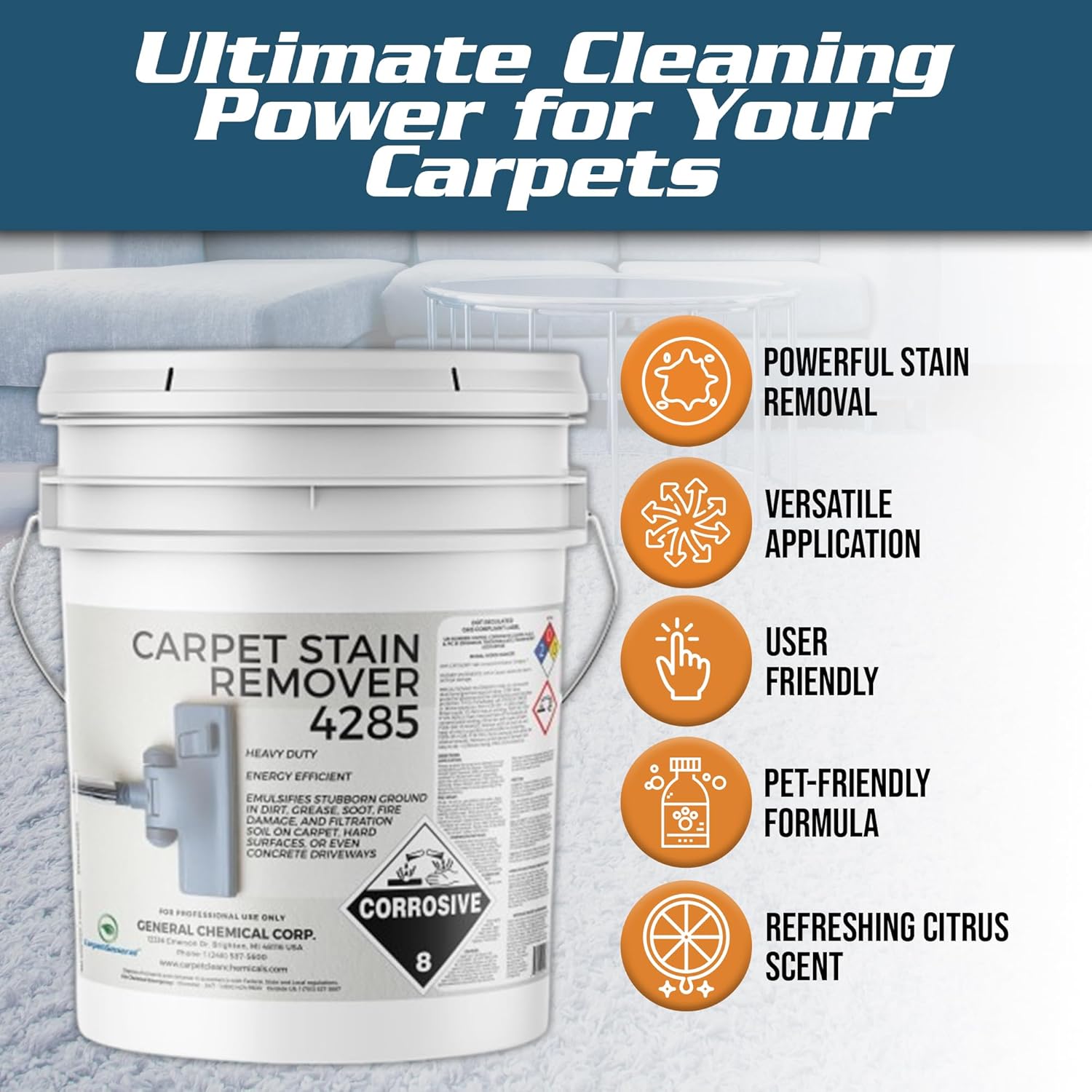 CarpetGeneral - Heavy Duty Carpet Stain Remover 4285 - Easy Clean and Professional Carpet Cleaner Products - Residential & Commercial Multi-Purpose Spot, Stain Pretreater & Precleaner - 1 Gallon Pail