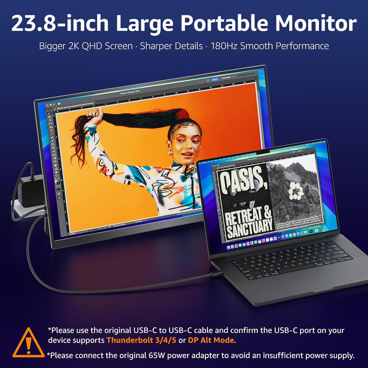 VisionOwl Large Portable Monitor 23.8-Inch 2K QHD 180Hz Refresh Rate Laptop Monitor, 130% sRGB, IPS Panel, USB-C & HDMI for Laptop, PC, Mac, PS5, Xbox, Built-in Kickstand, Speakers, VESA Mountable