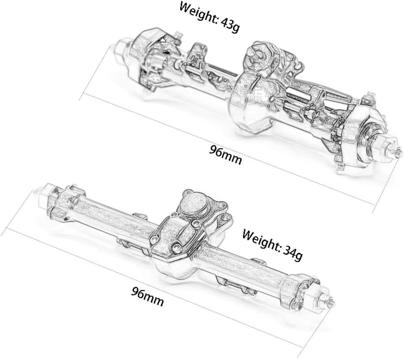 RC Axle Models For Axial For SCX24 90081 C10 B-17 1967 2019 For Wrangler 1/24 Alloy Casting Complete Edition Front Rear Axle Set RC Model(Silver,1set)